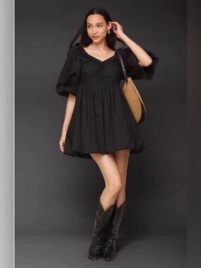 NWT Avec Les Filles Black Puff-Sleeve Mini Dress M